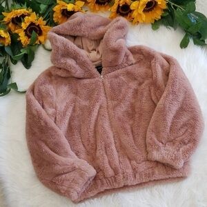 French Connection Arabella Faux Fur Hooded Jacket in Blush Pink